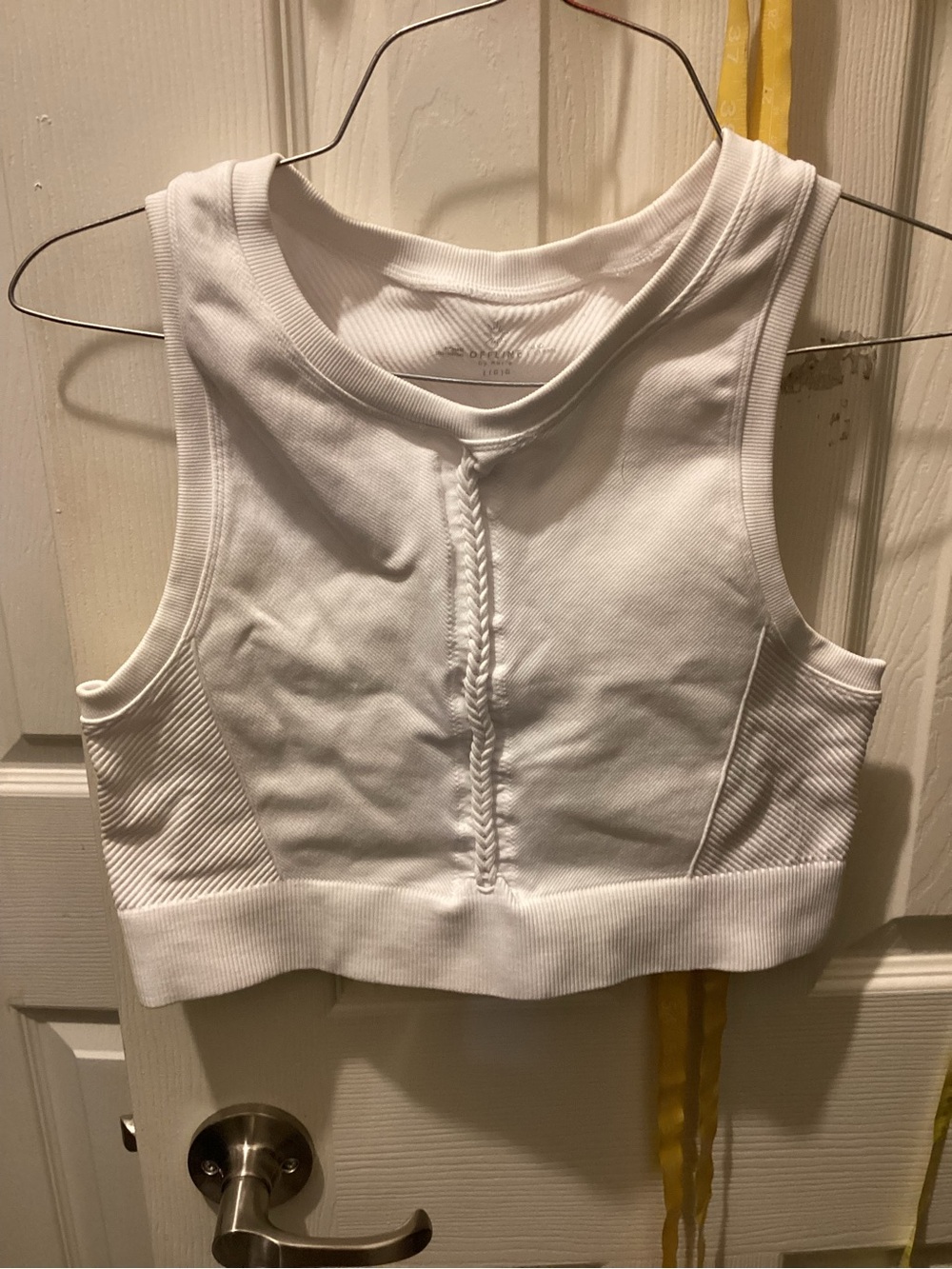 aerie White Ribbed Cropped Tank with Center Braid Detail